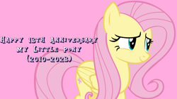 Size: 1920x1080 | Tagged: safe, artist:andoanimalia, derpibooru import, edit, editor:jaredking779, fluttershy, pegasus, pony, female, folded wings, mare, mlp fim's thirteenth anniversary, pink background, simple background, smiling, solo, wings