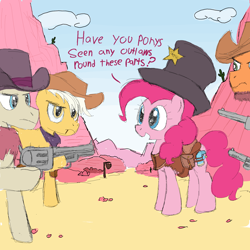 Size: 2000x2000 | Tagged: safe, artist:notawriteranon, derpibooru import, pinkie pie, oc, pony, clothes, gun, pinktober, sheriff's badge, unnamed oc, weapon