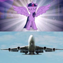 Size: 1920x1920 | Tagged: safe, derpibooru import, edit, screencap, twilight sparkle, twilight sparkle (alicorn), alicorn, pony, magical mystery cure, boeing, boeing 747, comparison, eyes closed, female, irl, mare, photo, plane, solo, spread wings, wings