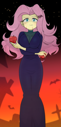 Size: 1581x3285 | Tagged: safe, artist:batipin, derpibooru import, fluttershy, human, equestria girls, apple, blood, breasts, clothes, costume, fangs, female, food, gravestone, halloween, halloween costume, holiday, hootershy, looking at you, solo, vampire costume