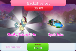 Size: 1269x861 | Tagged: safe, derpibooru import, kirin, bundle, bush, cloven hooves, costs real money, english, female, gameloft, horn, mobile game, my little pony: magic princess, numbers, official, sale, season sunshine, solo, solo focus, text, water