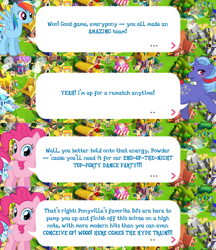 Size: 2048x2367 | Tagged: safe, derpibooru import, idw, pinkie pie, powder, rainbow dash, earth pony, pegasus, pony, unicorn, g1, g4, bow, dialogue, dialogue box, female, gameloft, horn, idw showified, mare, mobile game, my little pony: magic princess, official, speech bubble, spread wings, tail, tail bow, text, wings