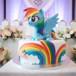 Size: 1024x1024 | Tagged: safe, ai content, derpibooru import, generator:dall-e 3, machine learning generated, rainbow dash, pegasus, pony, cake, food, marriage, wedding, wedding cake