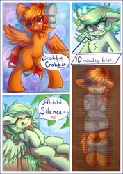 Size: 3508x4961 | Tagged: safe, artist:chaosangeldesu, derpibooru import, oc, oc:flaming hoof, pegasus, pony, bipedal, blushing, bondage, chest fluff, comic, commission, cross-popping veins, cupboard, emanata, food, gag, muffin, oc x oc, shipping, smiling, straitjacket, tape, tape gag