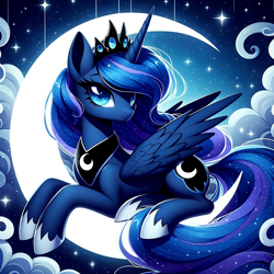 Size: 2048x2048 | Tagged: safe, ai content, derpibooru exclusive, derpibooru import, generator:dall-e 3, machine learning generated, princess luna, alicorn, pony, g4, cloud, crescent moon, crown, cute, female, jewelry, mare, moon, night, night sky, regalia, sky, solo, stars, tangible heavenly object, wings