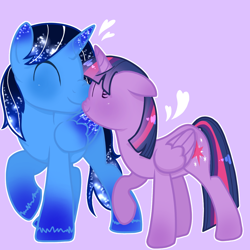 Size: 1280x1280 | Tagged: source needed, safe, artist:kai, derpibooru import, twilight sparkle, twilight sparkle (alicorn), oc, oc:blue thunder, alicorn, pony, ^^, alicorn oc, boop, canon x oc, duo, eyes closed, female, horn, love, male, noseboop, pink background, simple background, straight, thundersparkle, wings