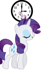 Size: 250x400 | Tagged: safe, artist:sbloom85, derpibooru import, rarity, sweetie belle, pony, unicorn, fanfic:a little loopy, clock, eyes closed, fanfic art, female, filly, foal, mare, simple background, transparent background, vector