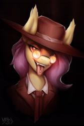 Size: 2000x3000 | Tagged: safe, artist:dashid, derpibooru import, fluttershy, bat, bat pony, fruit bat, pony, undead, vampire, vampire fruit bat, vampony, alucard, alushy, bust, clothes, hat, looking at you, open mouth, piercing, portrait, smiling, smiling at you, teeth