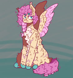 Size: 1920x2048 | Tagged: safe, artist:tottallytoby, derpibooru import, fluttershy, pegasus, pony, alternate design, alternate hairstyle, beanbrows, belly fluff, blue background, braid, chest fluff, colored eyelashes, colored hooves, colored wings, colored wingtips, ear tufts, elbow fluff, eyebrows, female, fluffy, hoof polish, leg fluff, leg scar, mare, open mouth, pale belly, scarred, shoulder fluff, simple background, sitting, solo, spread wings, wing scar, wings