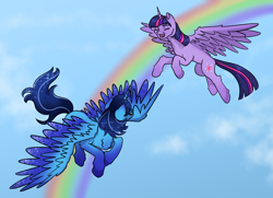 Size: 5325x3855 | Tagged: safe, artist:nqiioh, derpibooru import, twilight sparkle, twilight sparkle (alicorn), oc, oc:blue thunder, alicorn, pony, alicorn oc, canon x oc, duo, eyes closed, female, flying, horn, male, male alicorn oc, mare, rainbow, sky, soaring, stallion, straight, thundersparkle, wings