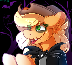 Size: 2024x1824 | Tagged: safe, artist:yuris, derpibooru import, applejack, earth pony, pony, applejack skellington, bust, clothes, costume, female, halloween, halloween costume, holiday, jack skellington, mare, nightmare night, open mouth, portrait, smiling, solo, the nightmare before christmas