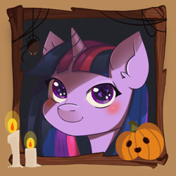 Size: 2000x2000 | Tagged: safe, alternate version, artist:erein, derpibooru import, twilight sparkle, pony, spider, unicorn, bust, candle, chibi, commission, ears up, female, frame, halloween, holiday, icon, jack-o-lantern, nightmare night, portrait, pumpkin, solo, wingding eyes, ych example, your character here