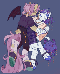 Size: 1527x1867 | Tagged: safe, artist:tottallytoby, derpibooru import, fluttershy, rarity, anthro, bat pony, pony, unguligrade anthro, unicorn, bat ponified, blue background, duo, female, flarity, flutterbat, lesbian, race swap, shipping, simple background