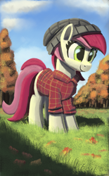 Size: 997x1608 | Tagged: safe, artist:maretian, derpibooru import, roseluck, earth pony, pony, autumn, beanie, clothes, cloud, female, flannel, grass, grass field, hat, mare, shirt, sky, solo, tree