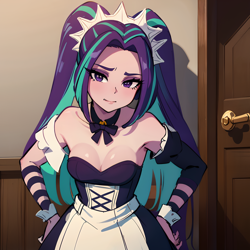 Size: 1536x1536 | Tagged: safe, ai content, derpibooru import, machine learning generated, aria blaze, human, equestria girls, aria bazookas, breasts, cleavage, clothes, maid, prompter:angel-saez, shoulderless, strapless