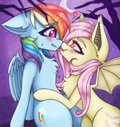 Size: 2387x2509 | Tagged: safe, artist:kittygutzzart, derpibooru import, fluttershy, rainbow dash, bat pony, pegasus, pony, g4, bat ears, bat ponified, bat wings, blushing, boop, chest fluff, colored eyebrows, crescent moon, cute, dashabetes, drool, duo, duo female, ears, eye contact, eyebrows, eyebrows visible through hair, fangs, female, floppy ears, flutterbat, flutterdash, high res, lesbian, looking at each other, looking at someone, looking into each others eyes, mare, moon, nervous, night, night sky, noseboop, outdoors, race swap, shipping, shyabetes, sky, spread wings, sweat, sweatdrop, tongue, tongue out, wings