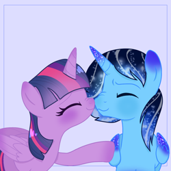 Size: 1280x1280 | Tagged: source needed, safe, artist:kai, derpibooru import, twilight sparkle, twilight sparkle (alicorn), oc, oc:blue thunder, alicorn, pony, alicorn oc, boop, canon x oc, duo, eyes closed, female, horn, love, male, nose wrinkle, noseboop, pink background, shipping, simple background, straight, thundersparkle, wings