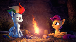 Size: 3840x2160 | Tagged: safe, artist:psfmer, derpibooru import, rainbow dash, scootaloo, pegasus, pony, the last problem, 3d, best pony, campfire, female, fire, heartwarming, mare, older, older rainbow dash, older scootaloo, ponytober, siblings, sisters, source filmmaker