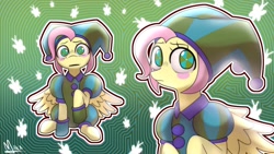 Size: 1920x1080 | Tagged: safe, artist:makaryo, derpibooru import, fluttershy, pegasus, pony, blush sticker, blushing, bust, crossover, female, hat, jester, jester hat, mare, pomni, solo, the amazing digital circus