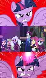 Size: 1192x2010 | Tagged: safe, derpibooru import, edit, edited screencap, screencap, indigo zap, lemon zest, principal abacus cinch, sci-twi, sour sweet, sugarcoat, sunny flare, twilight sparkle, twilight sparkle (alicorn), alicorn, human, equestria girls, friendship games, season 4, twilight's kingdom, alicornified, alternate scenario, angry, furious, growling, race swap, scared, scitwilicorn, shadow five, shocked, snarling