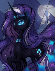 Size: 1386x1769 | Tagged: safe, artist:midna77, derpibooru import, nightmare rarity, pony, unicorn, g4, blue eyes, blue mane, crown, digital art, ethereal mane, ethereal tail, eyelashes, eyeshadow, female, flowing mane, flowing tail, folded wings, gem, horn, jewelry, logo, magic, makeup, mane, mare, moon, moonlight, night, obtrusive watermark, peytral, purple mane, purple tail, raised hoof, raised leg, regalia, signature, smiling, solo, starry mane, starry tail, sternocleidomastoid, tail, watermark, wings