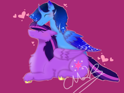 Size: 3000x2250 | Tagged: artist needed, source needed, safe, derpibooru import, twilight sparkle, twilight sparkle (alicorn), oc, oc:blue thunder, alicorn, pony, alicorn oc, canon x oc, cuddling, duo, female, horn, love, male, pink background, purple background, simple background, straight, thundersparkle, together, together forever, wings