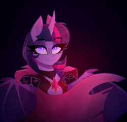 Size: 1040x1000 | Tagged: safe, artist:thewandie, derpibooru import, twilight sparkle, twilight sparkle (alicorn), alicorn, bat pony, bat pony alicorn, pony, undead, vampire, bat ponified, bat wings, blood, cape, choker, clothes, commission, eyeshadow, female, horn, makeup, mare, race swap, solo, twibat, wings, ych result