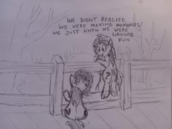 Size: 1196x897 | Tagged: safe, artist:dhm, derpibooru import, oc, oc:anon filly, earth pony, pony, drawthread, female, filly, foal, meme, monochrome, outdoors, sketch, wholesome