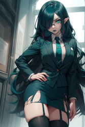 Size: 512x768 | Tagged: safe, ai content, derpibooru import, machine learning generated, queen chrysalis, human, businessalis, clothes, elf ears, garter belt, glasses, humanized, lipstick, solo, suit, zettai ryouiki