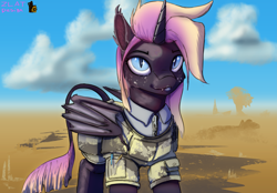 Size: 6203x4320 | Tagged: safe, artist:zlatdesign, derpibooru exclusive, derpibooru import, oc, oc only, oc:night shade, alicorn, bat pony, bat pony alicorn, absurd file size, absurd resolution, armor, bat wings, blue eyes, blue lipstick, cloud, desert, ear tufts, female, horn, leonine tail, lipstick, slit eyes, solo, tail, two toned mane, two toned tail, wings