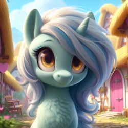 Size: 1024x1024 | Tagged: safe, ai content, machine learning generated, lyra heartstrings, pony, unicorn, anatomically incorrect, bing, bust, chest fluff, female, mare, ponyville, portrait, solo