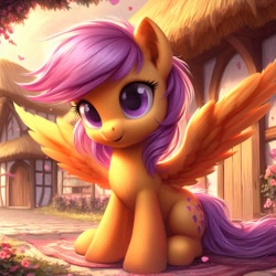 Size: 1024x1024 | Tagged: safe, ai content, machine learning generated, scootaloo, pegasus, pony, alternate cutie mark, bing, female, filly, foal, ponyville, sitting, solo, spread wings