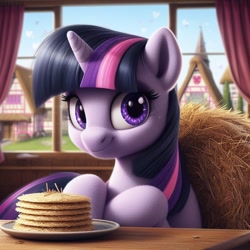 Size: 1024x1024 | Tagged: safe, ai content, machine learning generated, twilight sparkle, unicorn twilight, pony, unicorn, bing, female, grass pancakes, hay, herbivore, looking at you, mare, pancakes, ponyville, solo, table, twiface