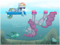 Size: 2000x1500 | Tagged: safe, artist:inuhoshi-to-darkpen, derpibooru import, lyra heartstrings, pinkie pie, rainbow dash, earth pony, fish, pegasus, pony, sea pony, floaty, hello, inner tube, pinkie being pinkie, pool toy, seaponified, seapony lyra, species swap, sunglasses, underwater, upside down, water