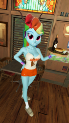 Size: 1080x1920 | Tagged: safe, artist:oatmeal!, derpibooru import, rainbow dash, human, equestria girls, 3d, alcohol, bare shoulders, beer, breasts, burger, cleavage, clothes, food, gmod, grin, hand on hip, hooters, legs together, looking at you, rainboob dash, restaurant, sexy, smiling, socks, solo, waitress