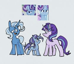 Size: 1572x1359 | Tagged: safe, ai content, artist:disaterror, derpibooru import, machine learning assisted, starlight glimmer, trixie, oc, oc:illusory luminance, pony, unicorn, ai interpretation, female, frown, lesbian, looking at each other, looking at someone, looking down, looking up, magical lesbian spawn, mother and child, offspring, open mouth, open smile, parent and child, parent:starlight glimmer, parent:trixie, parents:startrix, shipping, simple background, smiling, standing, startrix, white background