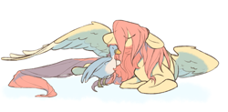 Size: 929x456 | Tagged: safe, artist:bananasmores, derpibooru import, fluttershy, bird, duck, pegasus, pony, covering, male, solo, trans male, transgender, wing covering, wings