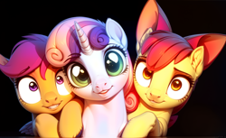 Size: 2176x1328 | Tagged: safe, ai content, derpibooru import, generator:easyfluff v11.2, machine learning generated, apple bloom, scootaloo, sweetie belle, earth pony, pegasus, pony, unicorn, cutie mark crusaders, female, filly, foal, prompter:aiponyanon