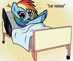 Size: 1200x1000 | Tagged: safe, artist:scandianon, derpibooru import, rainbow dash, pegasus, pony, bed, dizzy, female, hospital bed, lying down, mare, onomatopoeia, raised hoof, raised leg, tongue, tongue out, wall eyed