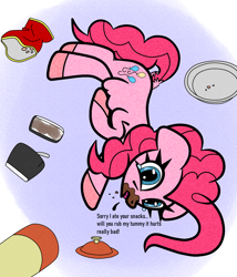 Size: 1200x1400 | Tagged: safe, artist:scandianon, derpibooru import, pinkie pie, earth pony, pony, belly, bellyrub request, chips, cookie, crumbs, dock, female, food, hooves, ice cream, looking at you, mare, pain, pie, tail, talking to viewer, teary eyes, trash