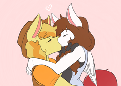 Size: 2048x1462 | Tagged: safe, artist:mscolorsplash, derpibooru import, braeburn, oc, oc:color splash, anthro, earth pony, pegasus, canon x oc, duo, eyes closed, female, floating heart, heart, kiss on the lips, kissing, male, mare, pink background, shipping, simple background, stallion, straight