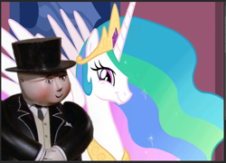 Size: 711x513 | Tagged: safe, artist:polorenzielephant, derpibooru import, princess celestia, alicorn, human, pony, figure, live action, model, photoshop, sir topham hatt, the fat controller, thomas the tank engine