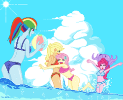 Size: 3000x2440 | Tagged: safe, artist:gonicfanfic, derpibooru import, applejack, fluttershy, pinkie pie, rainbow dash, human, equestria girls, barefoot, barrette, beach, beach ball, bikini, butt, clothes, crying, feet, hairpin, hat, pixel art, rainbutt dash, swimsuit