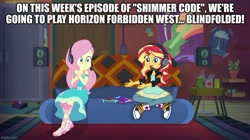 Size: 888x499 | Tagged: safe, derpibooru import, edit, edited screencap, screencap, fluttershy, sunset shimmer, better together, equestria girls, game stream, caption, image macro, text