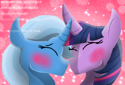 Size: 2236x1532 | Tagged: safe, artist:jazzyjordo14, derpibooru import, trixie, twilight sparkle, pony, unicorn, blushing, female, lesbian, mare, shipping, twixie