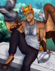 Size: 2550x3300 | Tagged: safe, artist:askbubblelee, derpibooru import, oc, oc only, oc:singe, anthro, bird, pegasus, pigeon, unguligrade anthro, anthro oc, bench, digital art, facial hair, freckles, goatee, looking at you, male, pegasus oc, sitting, solo, stallion, sweat, workout outfit