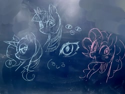 Size: 2048x1536 | Tagged: safe, artist:metaruscarlet, derpibooru import, pinkie pie, rarity, twilight sparkle, unicorn twilight, earth pony, pony, unicorn, chalkboard, doodle, looking at you, open mouth, traditional art