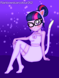 Size: 1532x2016 | Tagged: safe, artist:rainbowstarcolour262, derpibooru import, sci-twi, twilight sparkle, human, series:equ shadowcats, equestria girls, alternate versions at source, animal costume, bare shoulders, blushing, boob window, breasts, busty sci-twi, cat costume, cat ears, cat tail, catgirl, cleavage, clothes, costume, crystal prep shadowbolts, cute, female, glasses, gradient background, looking at you, one eye closed, purple eyes, signature, sitting, skirt, sleeveless, solo, stockings, tail, thigh highs, twiabetes, upskirt denied, wink