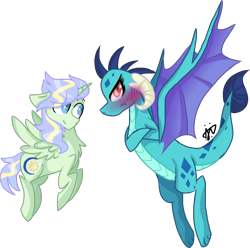 Size: 1650x1634 | Tagged: safe, artist:gallantserver, derpibooru import, princess ember, oc, oc:starluck, alicorn, dragon, pony, blushing, dragoness, female, male, simple background, stallion, transparent background