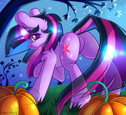 Size: 2224x2024 | Tagged: safe, alternate version, artist:yuris, derpibooru import, twilight sparkle, unicorn twilight, pony, unicorn, butt, dock, ear fluff, ears, ears up, featureless crotch, female, field, halloween, holiday, looking at you, looking back, looking back at you, mare, night, plot, pumpkin, rear view, shoulder fluff, solo, tail, transparent tail, twibutt